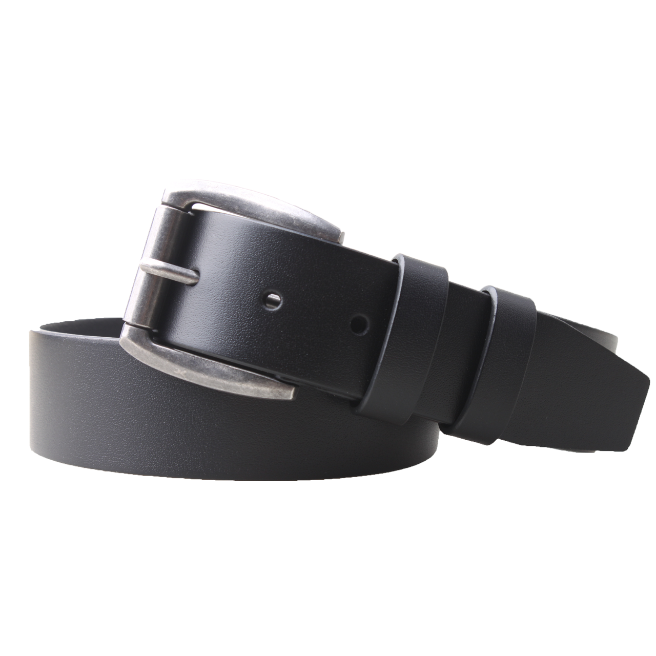Black leather belt with silver buckle on a white background