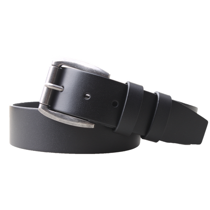 Black leather belt with silver buckle on a white background
