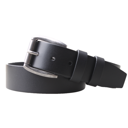 Black leather belt with silver buckle on a white background