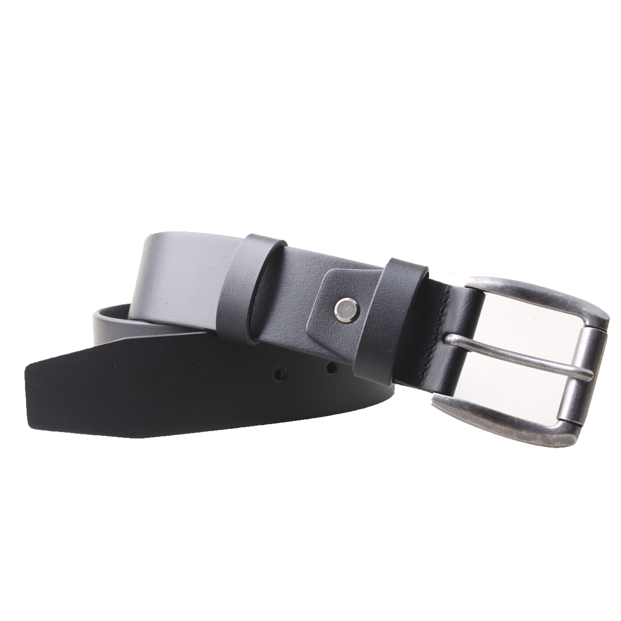 Black leather belt with a silver buckle on a white background