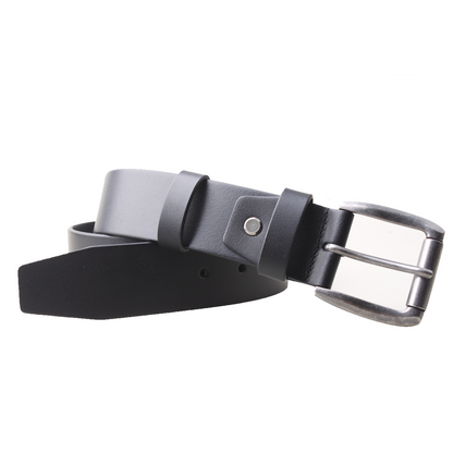 Black leather belt with a silver buckle on a white background