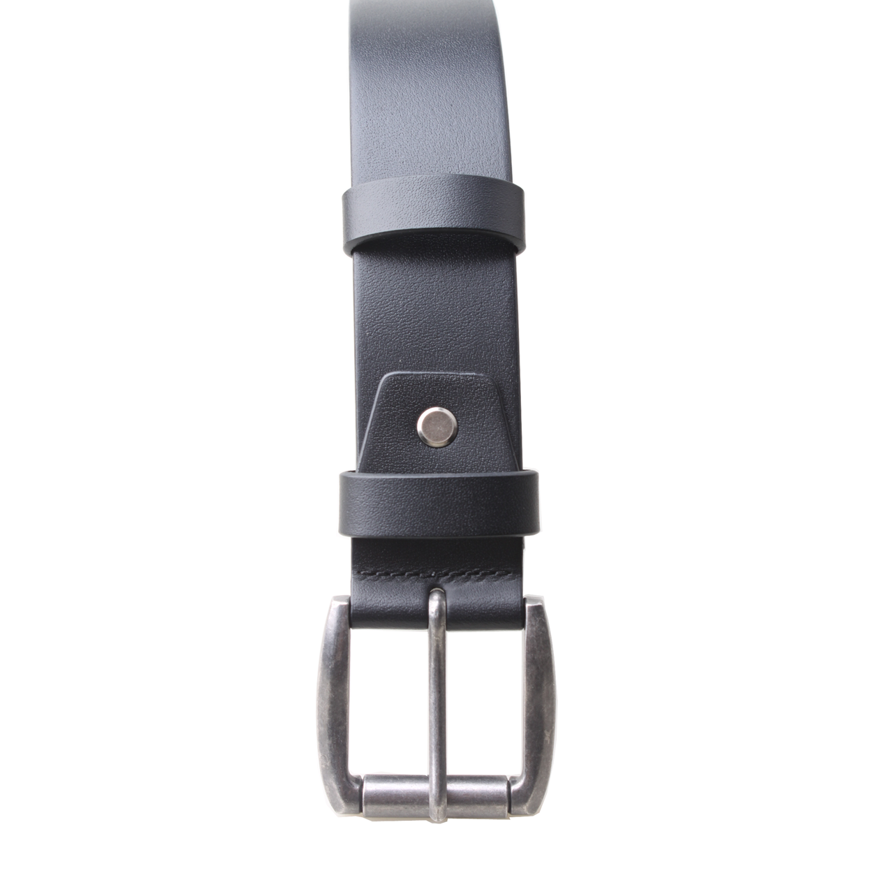 A close-up of a dark gray leather belt with a silver-toned metal buckle, shown against a plain white background.