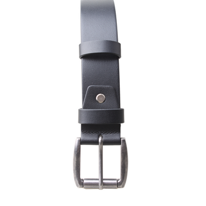 A close-up of a dark gray leather belt with a silver-toned metal buckle, shown against a plain white background.