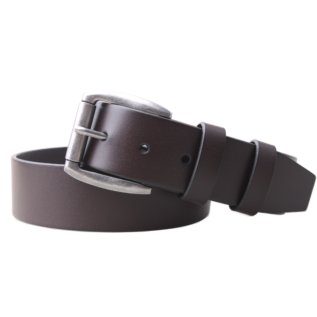 Brown leather belt with silver buckle on a white background