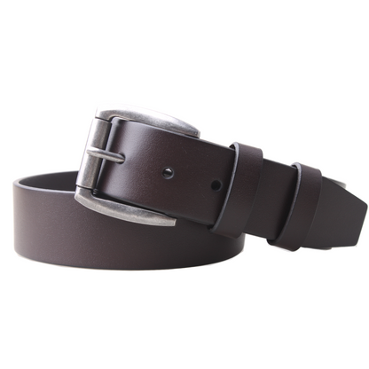 Brown leather belt with silver buckle on a white background