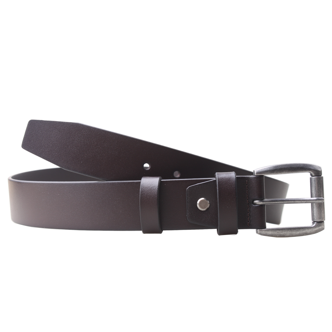 Brown leather belt with a silver buckle on a white background