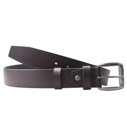Brown leather belt with a silver buckle on a white background