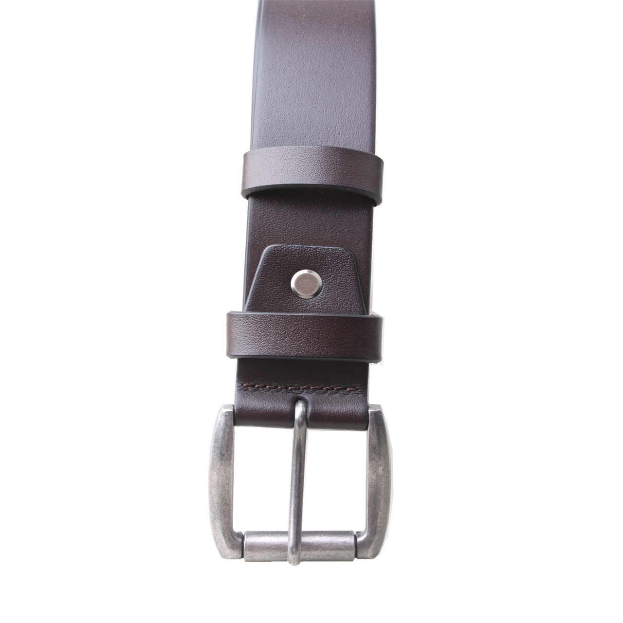 Brown leather belt with silver buckle on a white background