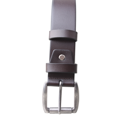 Brown leather belt with silver buckle on a white background
