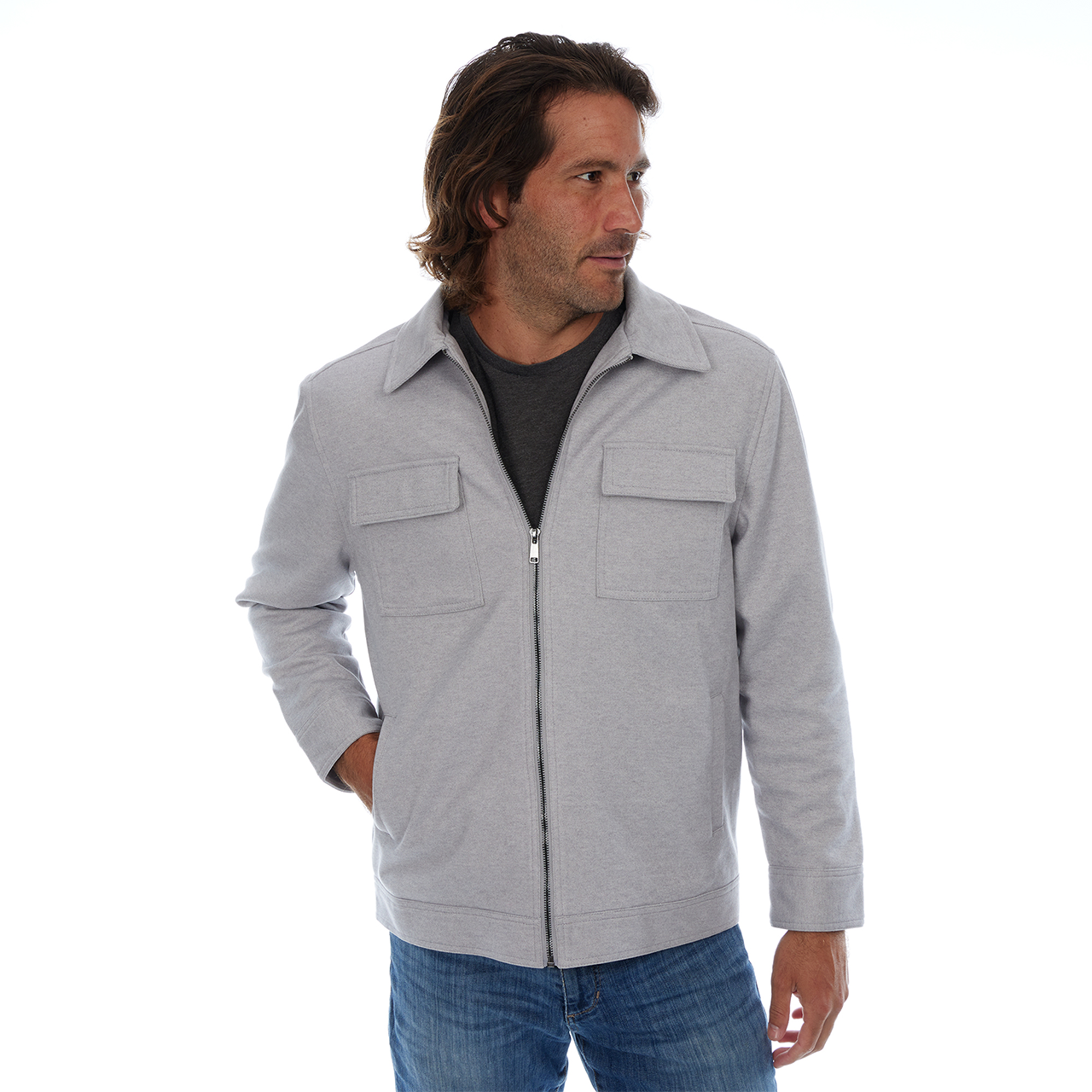 Man wearing a gray jacket on a white background