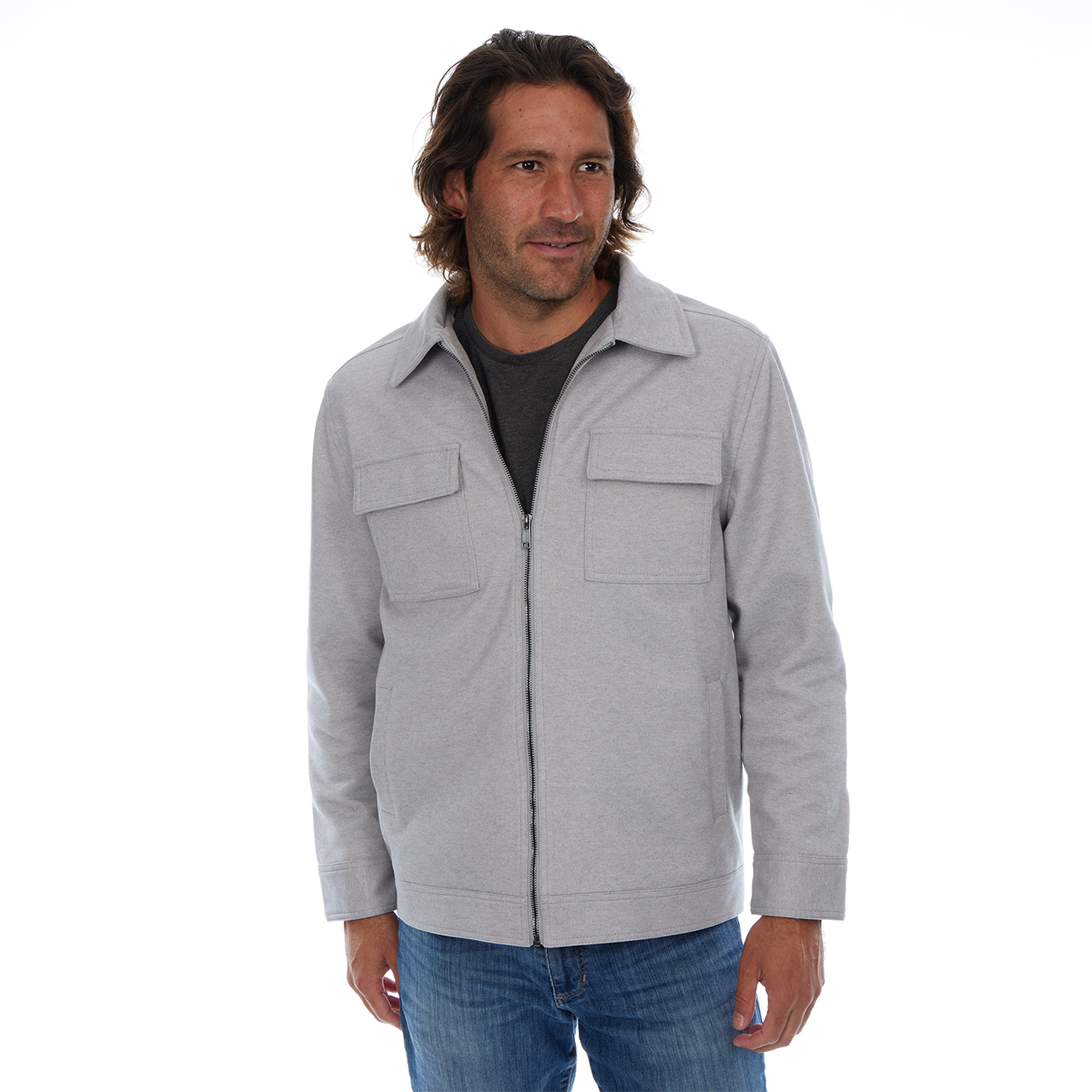 Man wearing a gray jacket on a white background