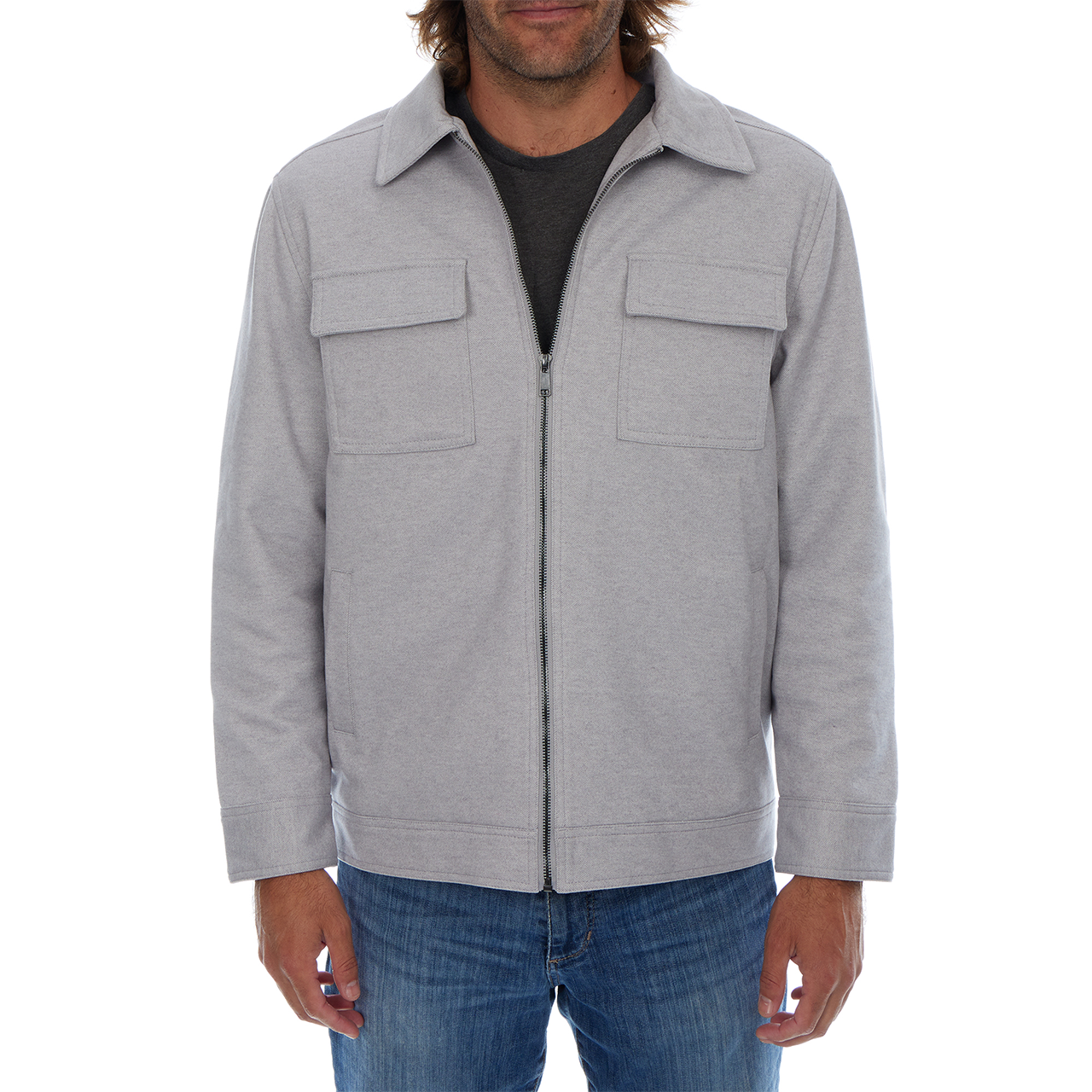 Man wearing a gray jacket with two front pockets on a white background