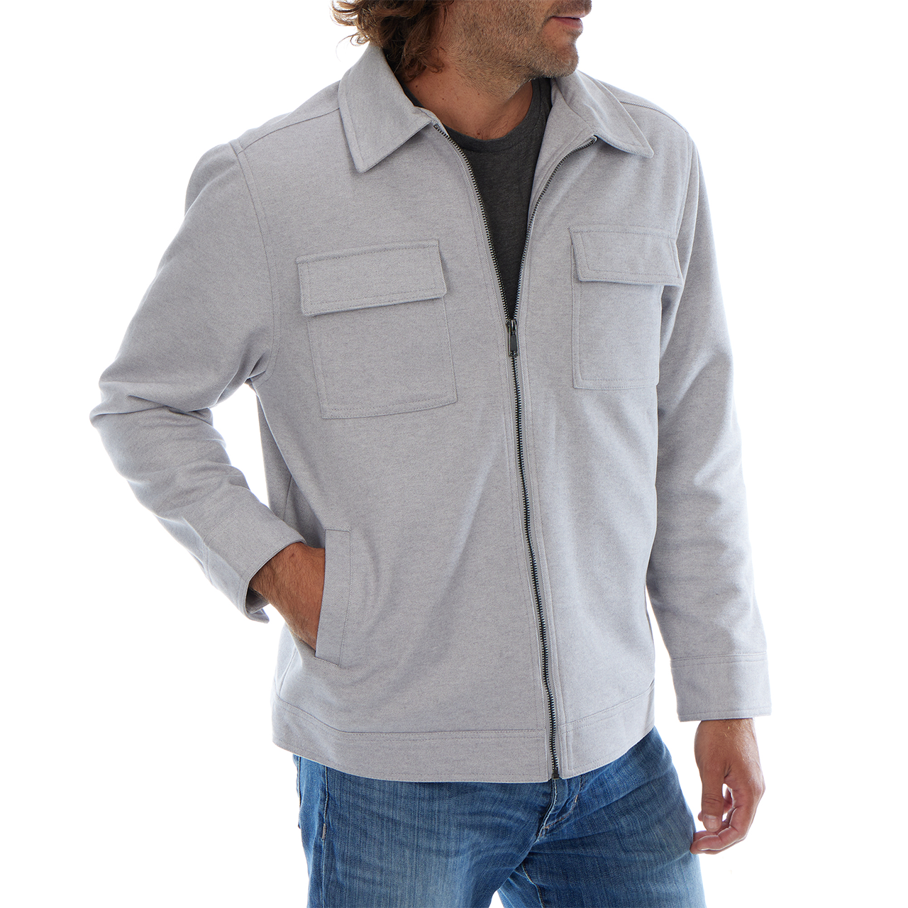 Man wearing a gray jacket with two front pockets on a white background