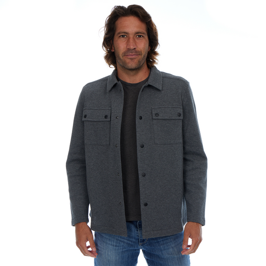 Man wearing a gray jacket on a white background