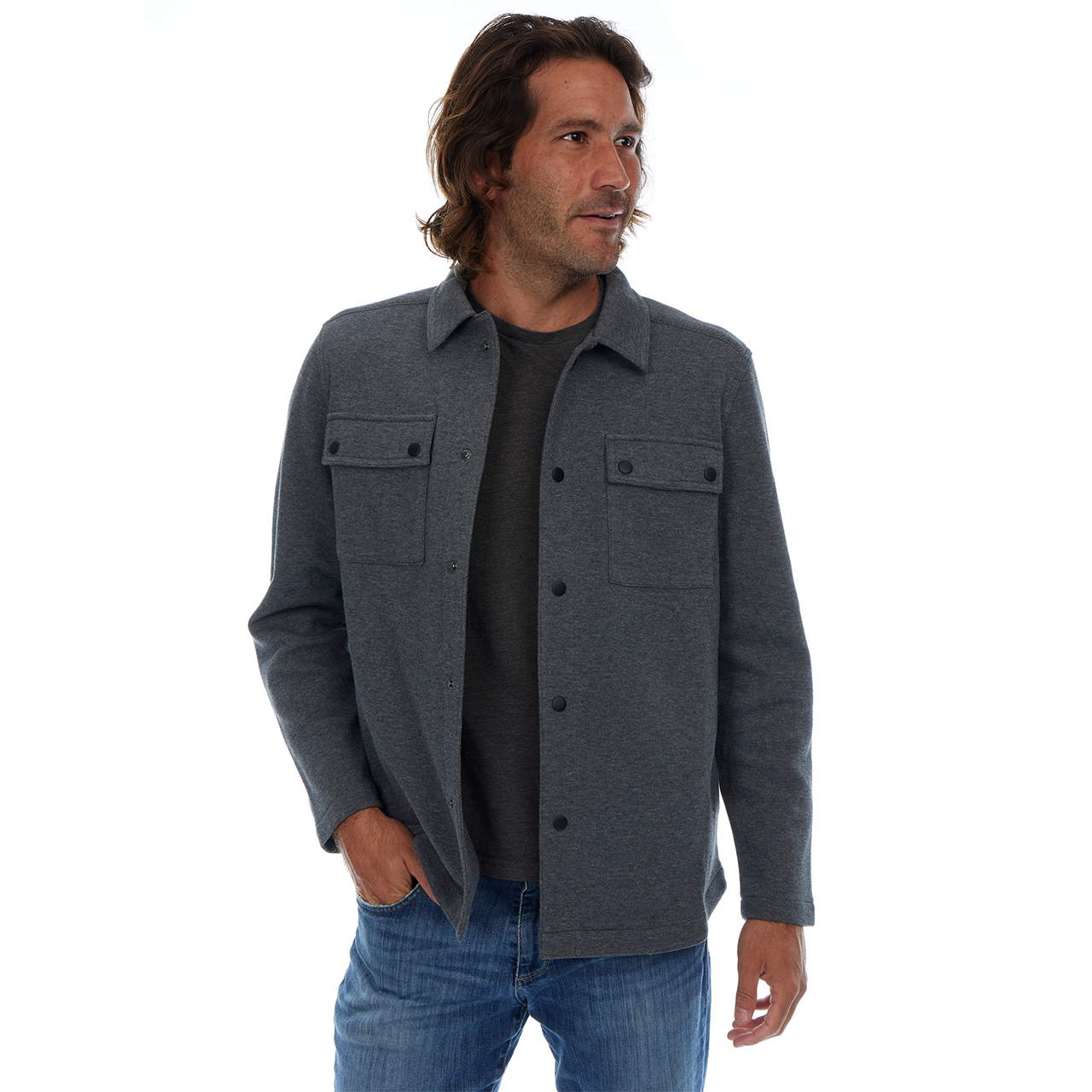 Man wearing a gray jacket with button details on a white background