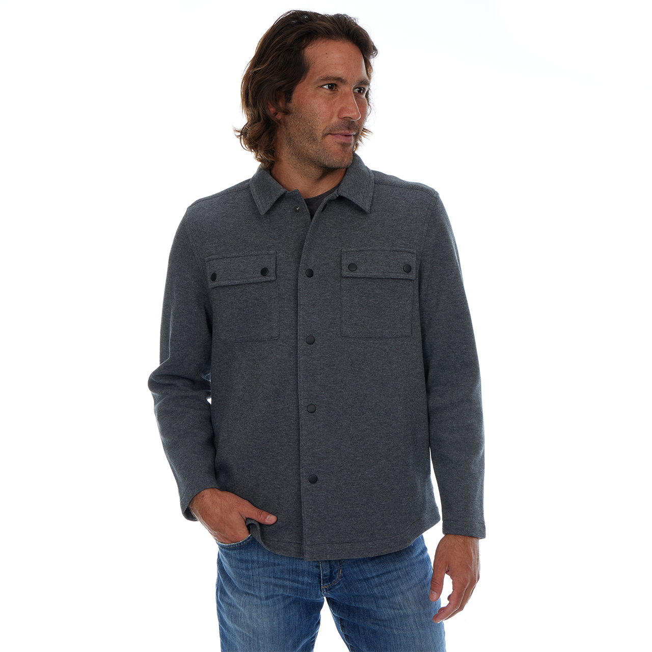 Man wearing a gray shirt with two front pockets on a white background