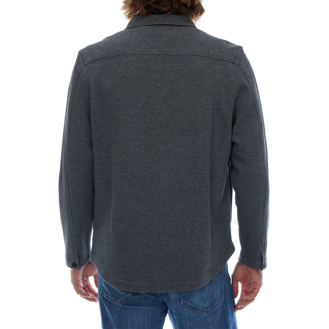 Person wearing a dark gray jacket on a white background