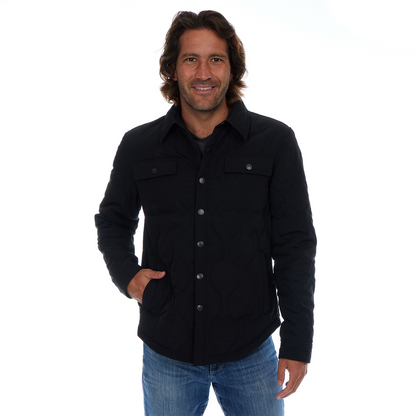 Man wearing a black jacket with button details on a white background