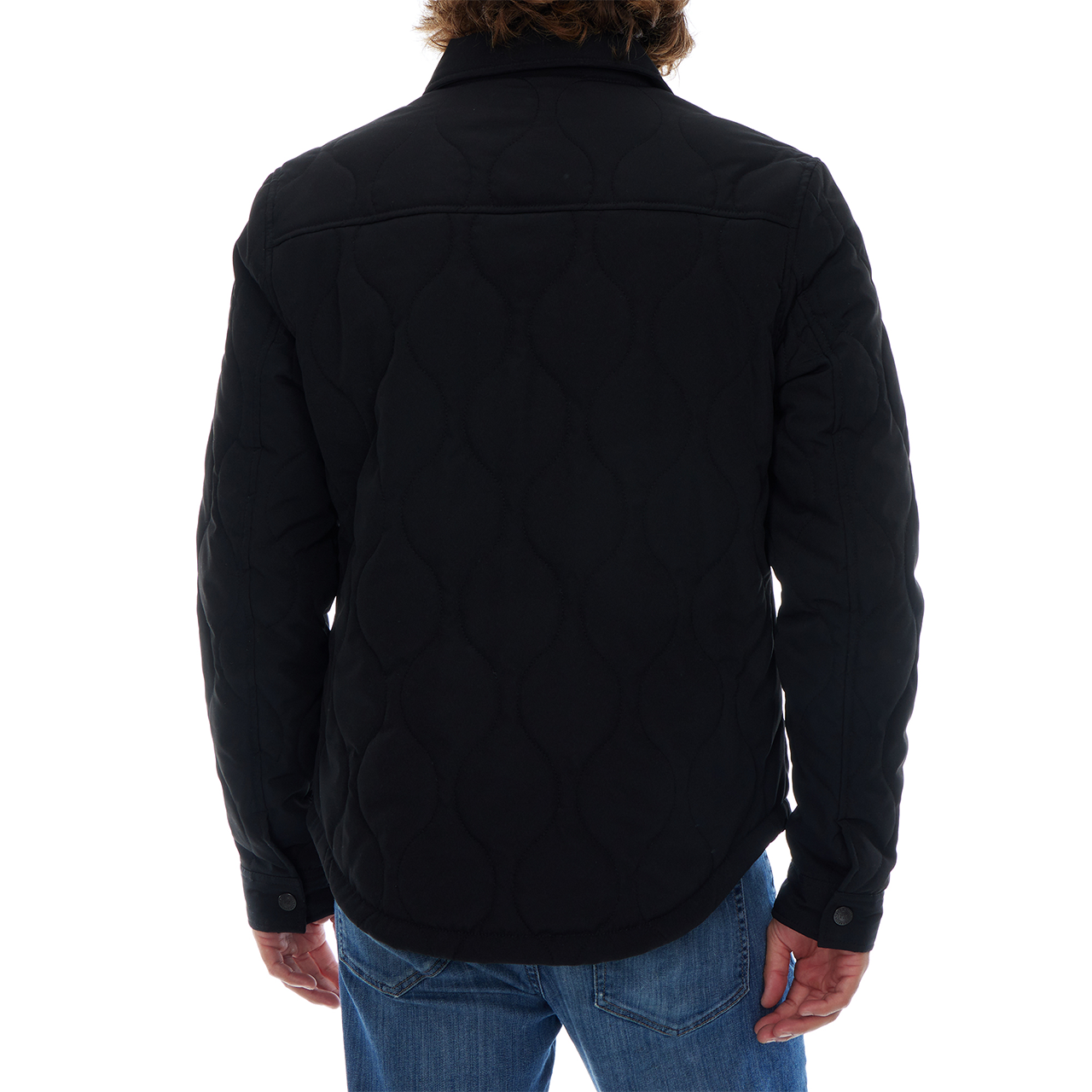 Person wearing a black jacket on a white background