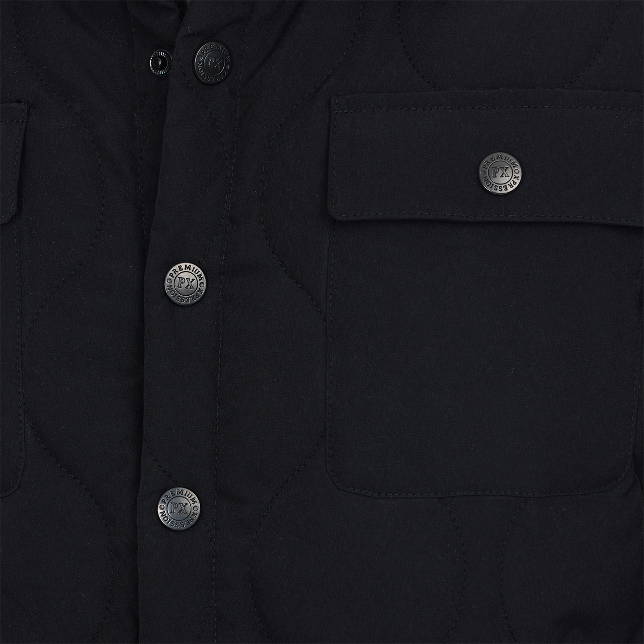 Close-up of a black jacket with buttons and a pocket