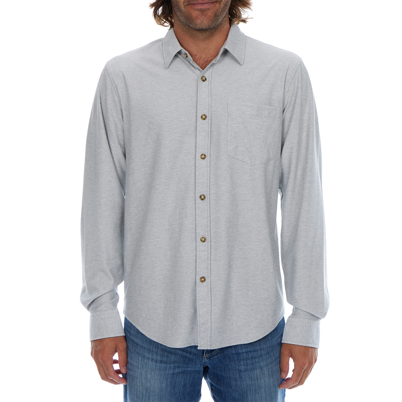 Man wearing a light gray button-up shirt with a white background