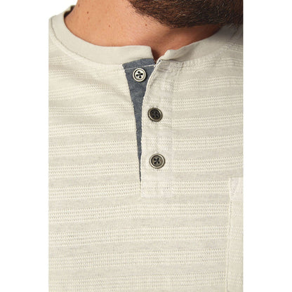 Men's White Striped Henley front view of collar