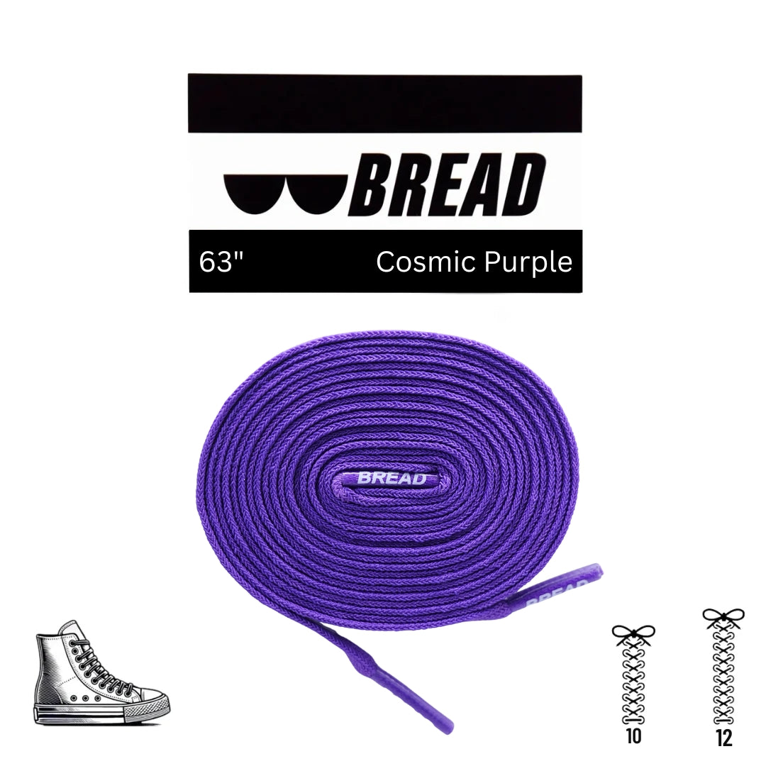 Purple shoelaces with 'BREAD' branding on a white background