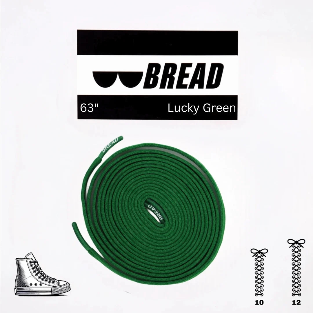 Green shoelace with 'BREAD' branding on a white background