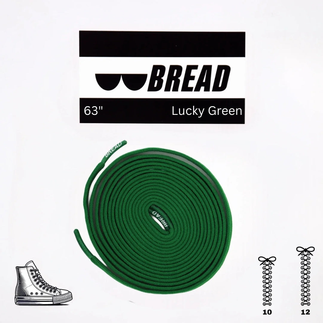 Green shoelace with 'BREAD' branding on a white background