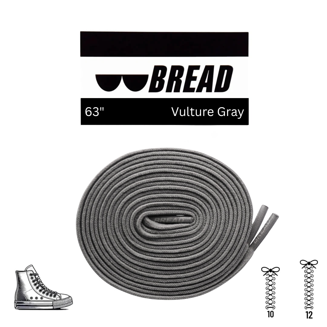 Gray shoelace with 'BREAD' branding and product details on a white background