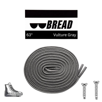 Gray shoelace with 'BREAD' branding and product details on a white background