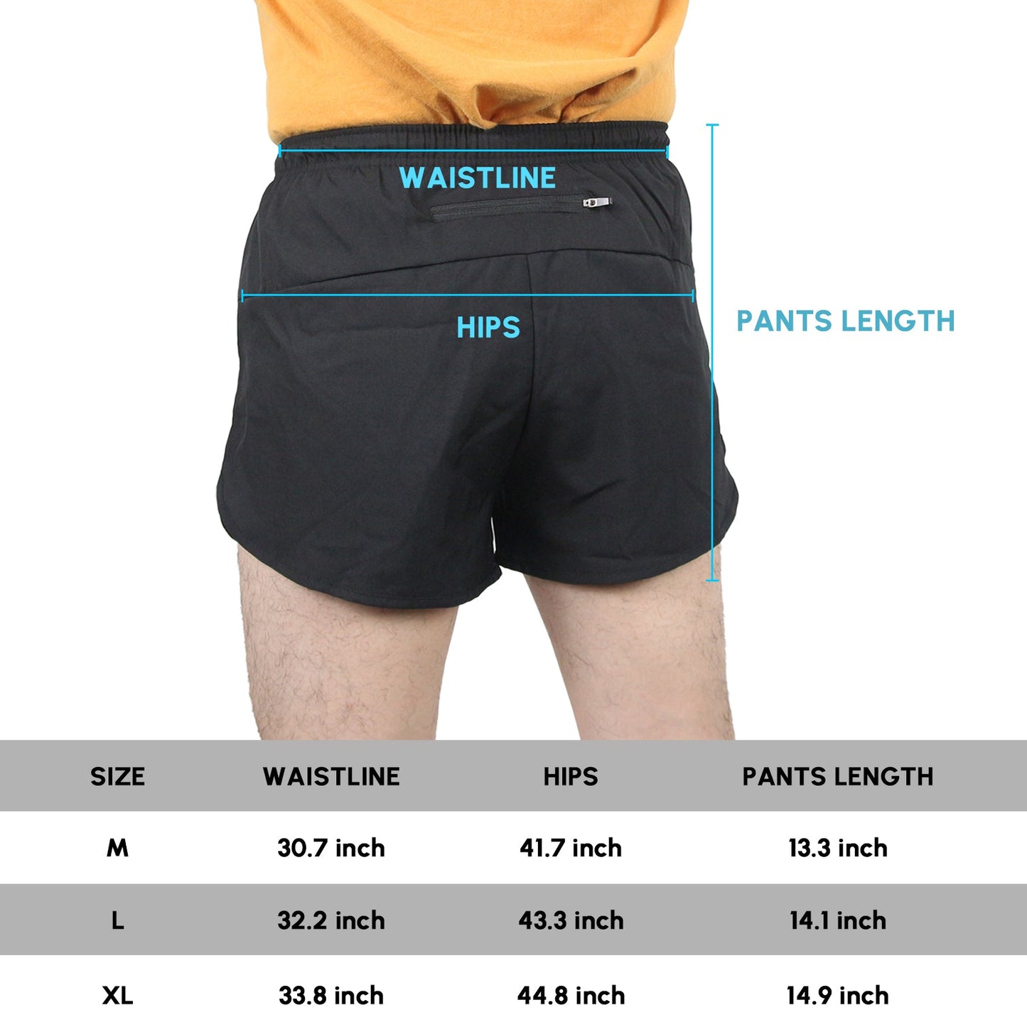 Men's Quick Dry Athletic Shorts size chart. If using screen readers please contact us