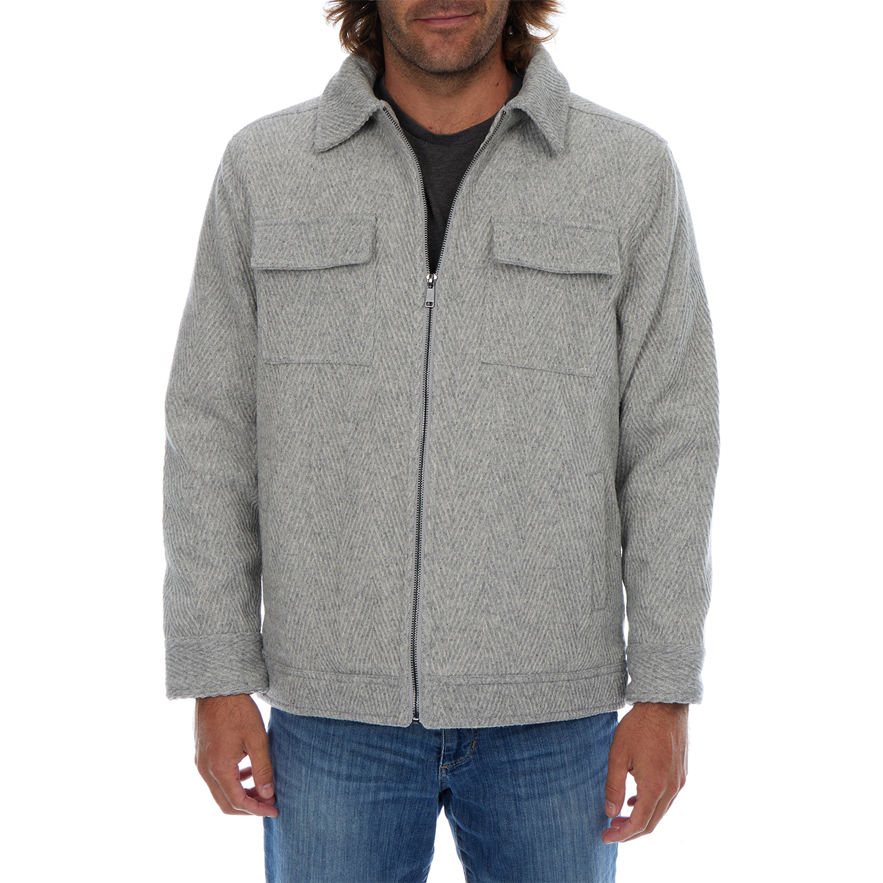 Man wearing a gray textured jacket on a white background
