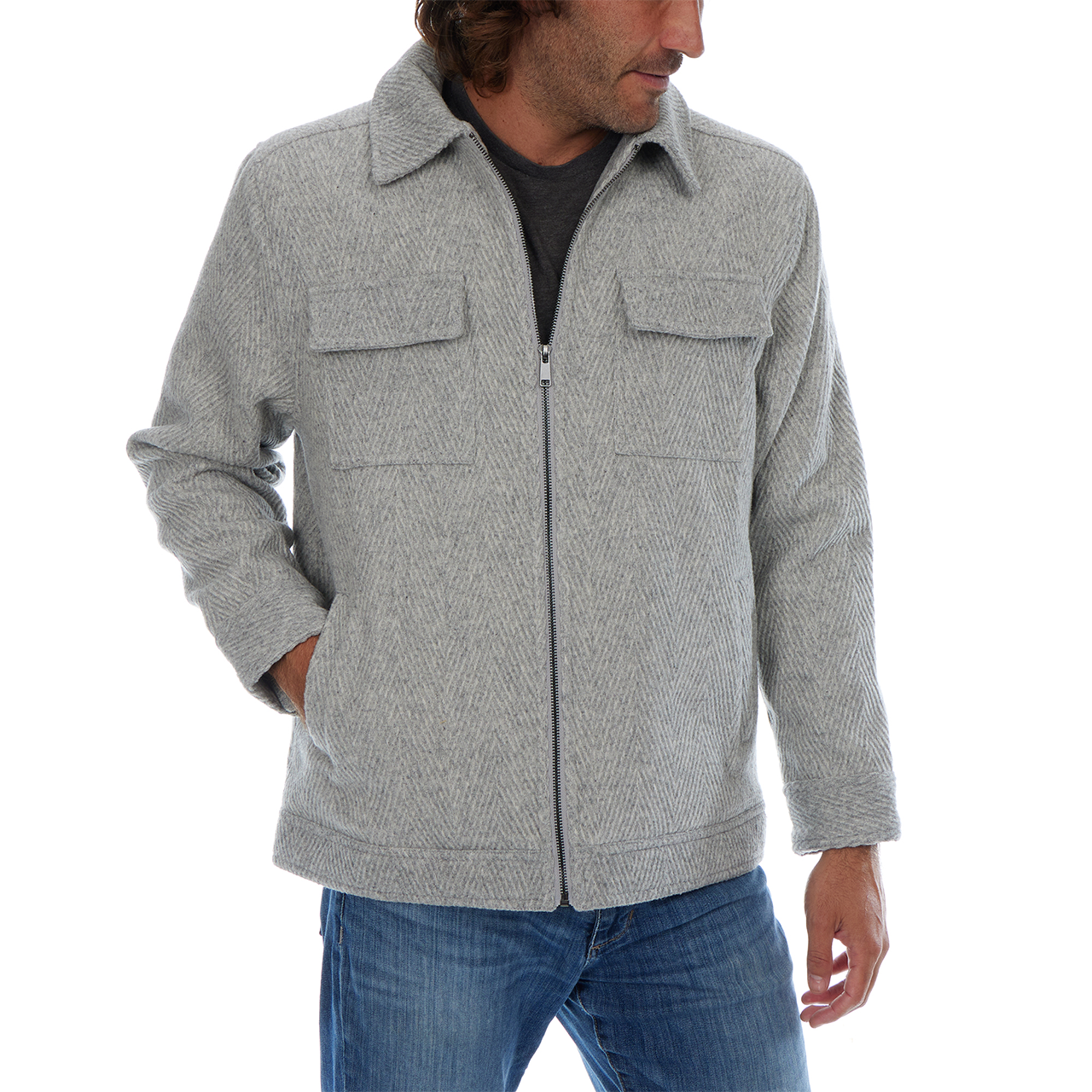 Man wearing a gray jacket with a white background