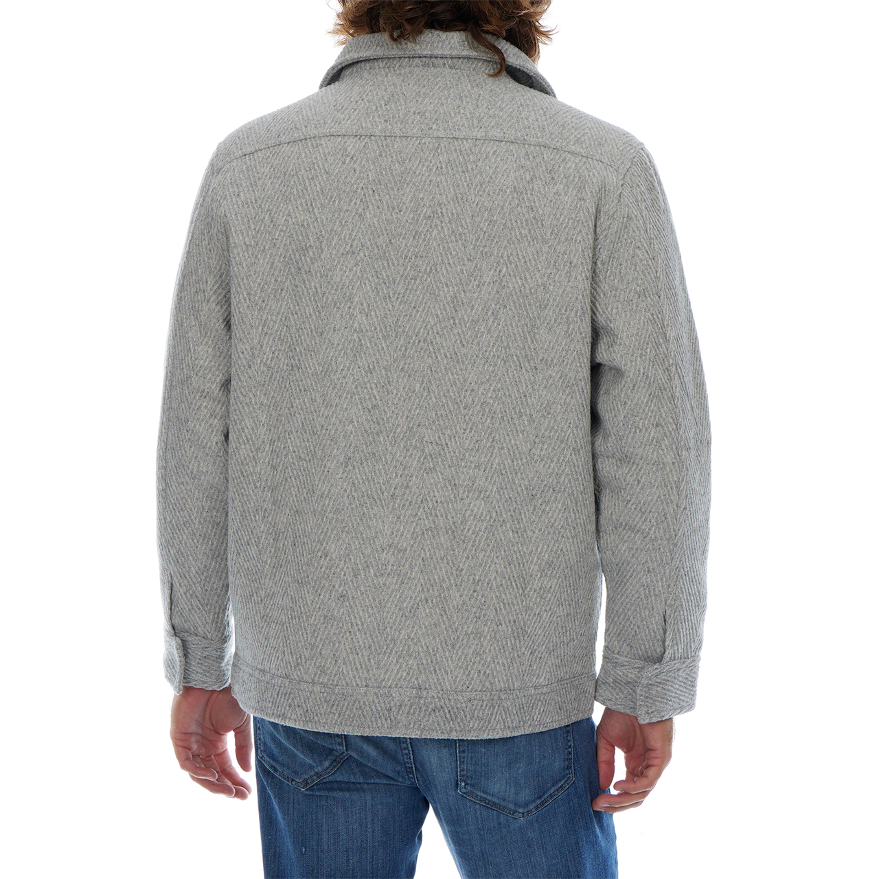 Gray jacket worn by a person on a white background