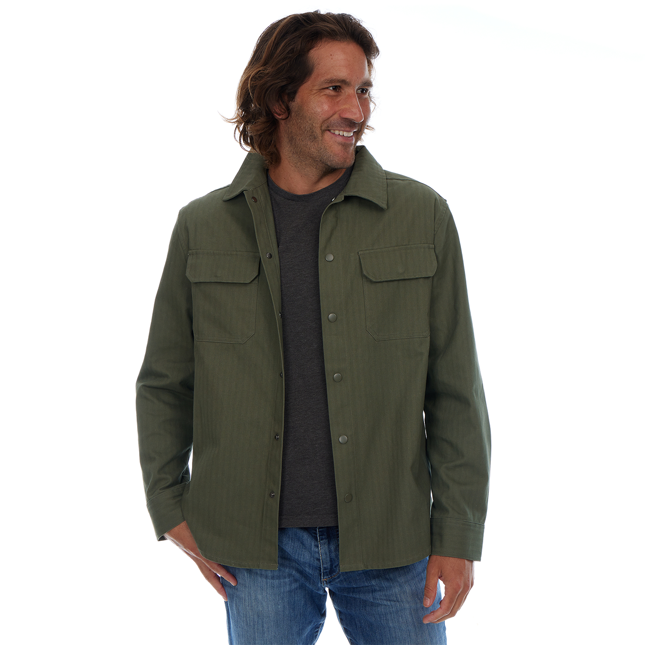 Man wearing a green jacket on a white background