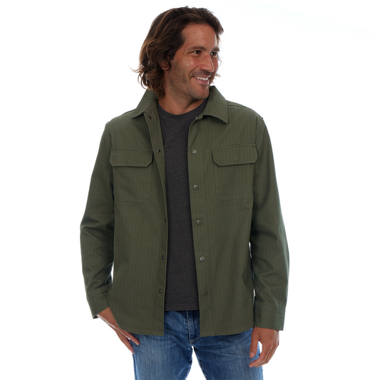 Man wearing a green jacket on a white background
