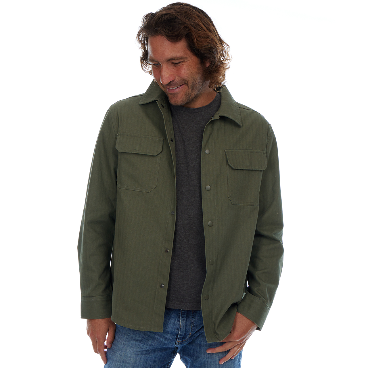 Man wearing an olive green jacket on a white background
