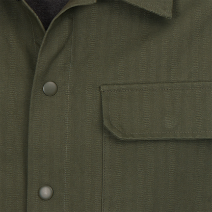 Close-up of a green jacket with buttons and a pocket