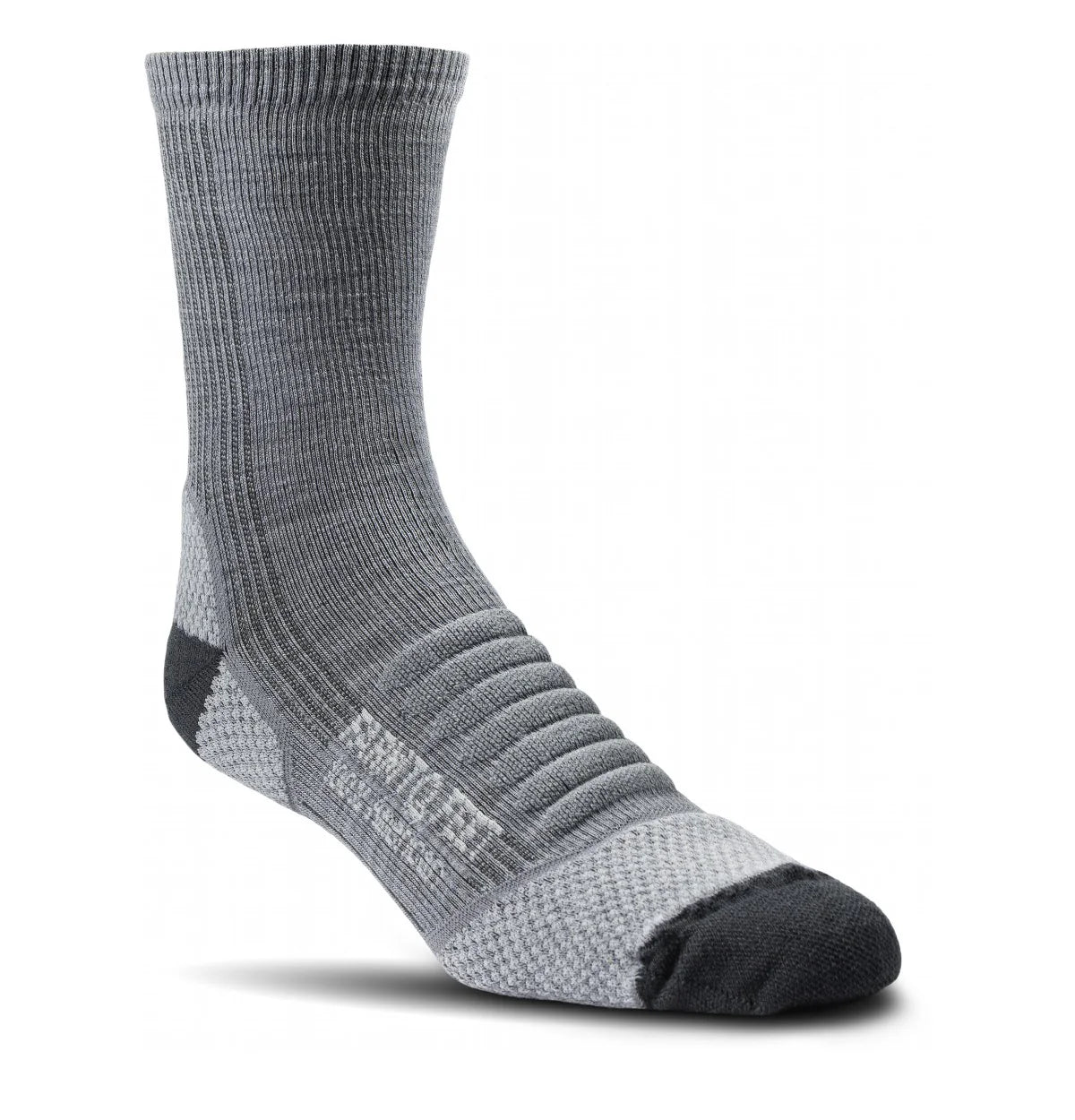 Gray sock with black toes and heels on a white background