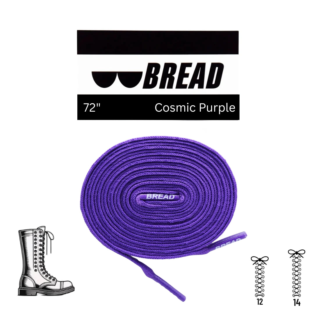 Purple shoelaces with 'BREAD' branding on a white background
