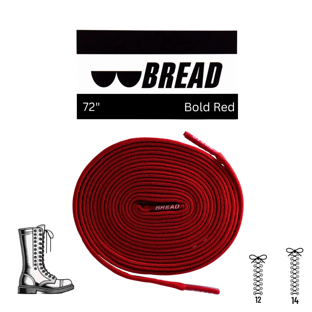 Red shoelace with 'BREAD' branding on a white background