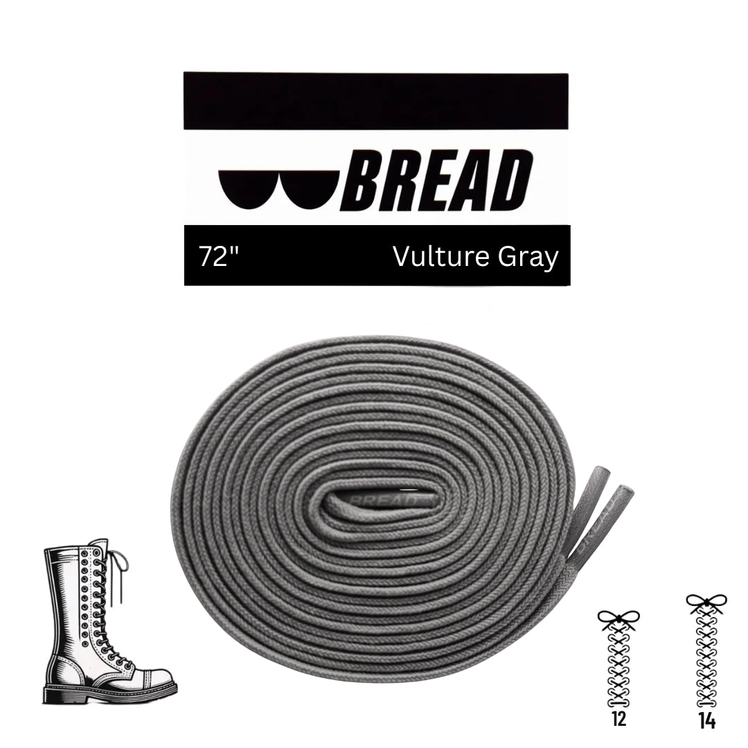 Gray shoelace with 'BREAD' branding and product details on a white background