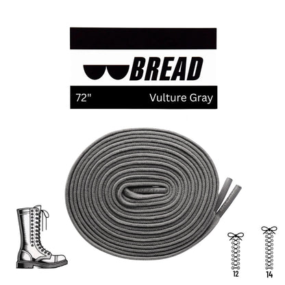 Gray shoelace with 'BREAD' branding and product details on a white background