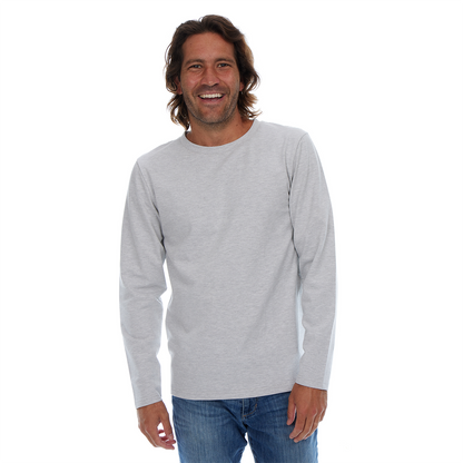 Man wearing a gray long-sleeve shirt and blue jeans on a white background