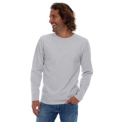 Man wearing a gray long-sleeve shirt and blue jeans on a white background