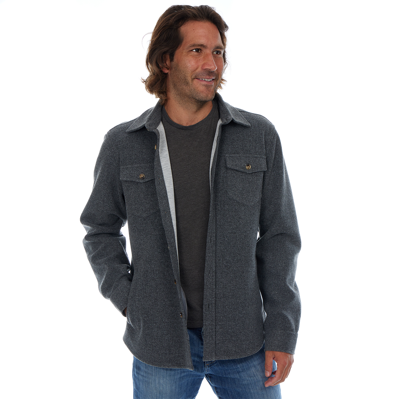 Man wearing a gray jacket on a white background