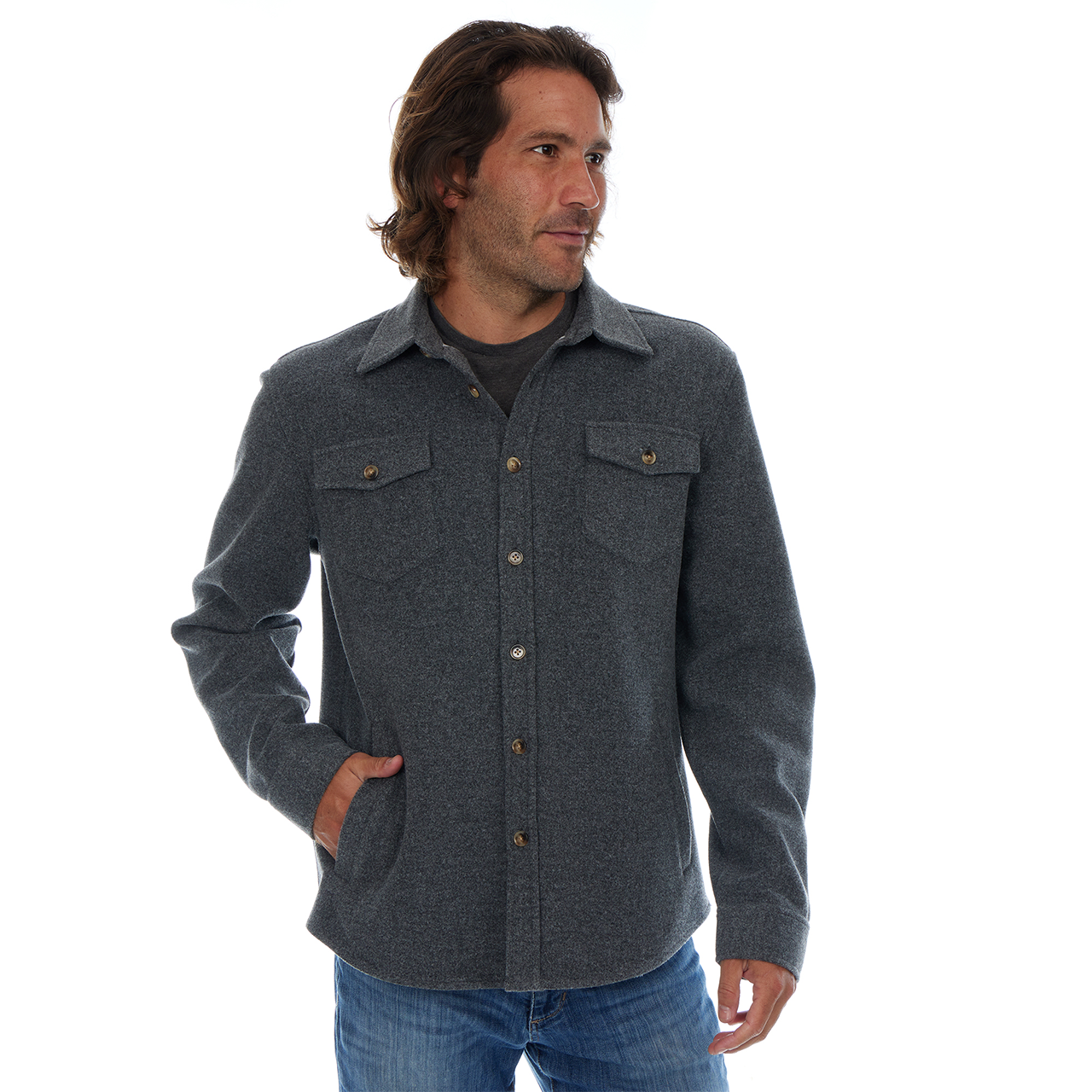 Man wearing a gray flannel shirt on a white background
