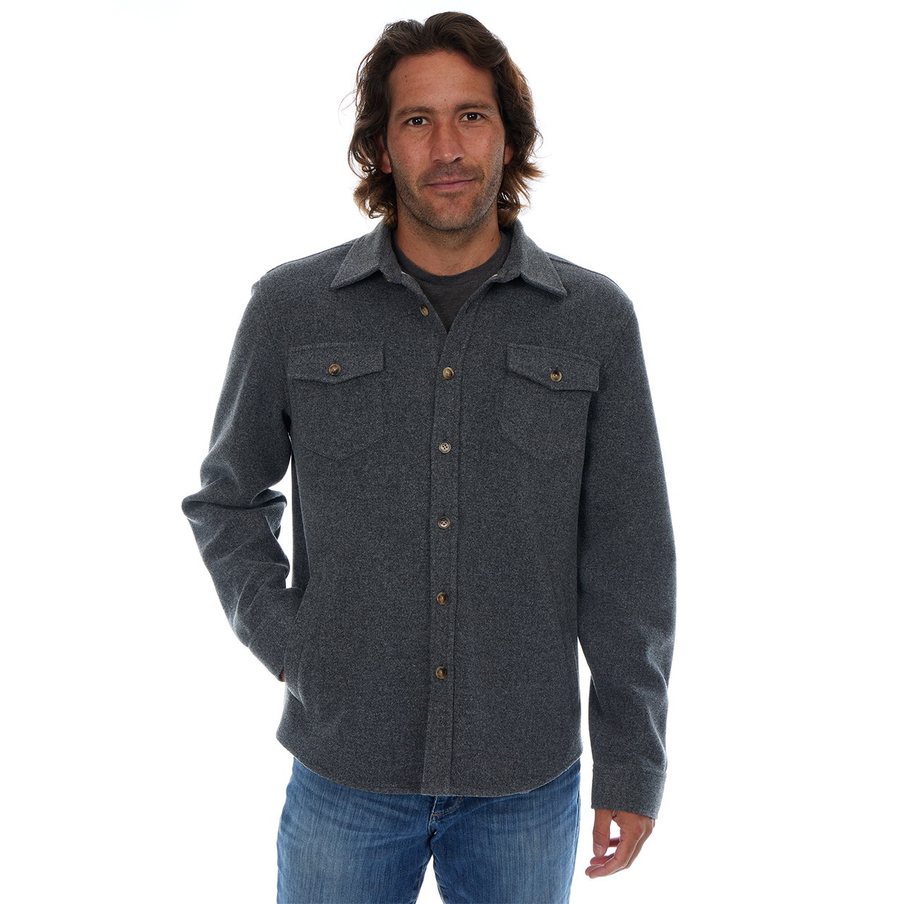 Man wearing a dark gray flannel shirt with a white background