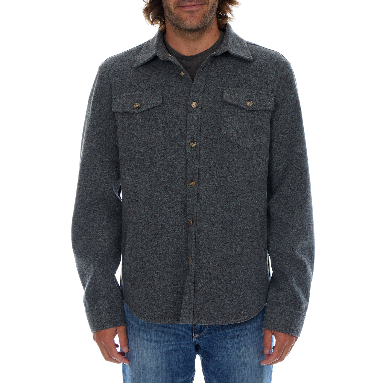 Man wearing a dark gray button-up shirt with two chest pockets on a white background